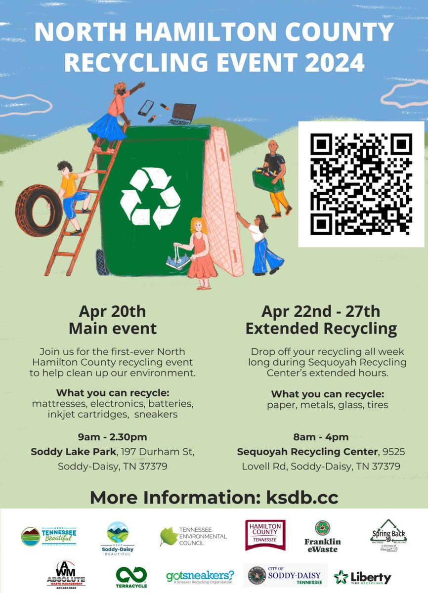 Join us April 20th for a huge #recycling event—accepting mattresses! ♻️ dispose of them properly in #northhamiltoncountytn! To learn more visit KSDB.CC for more info! 
#northhamiltoncounty #recycle #mattressdisposal #mattressrecycling #KSDB #soddylakepark