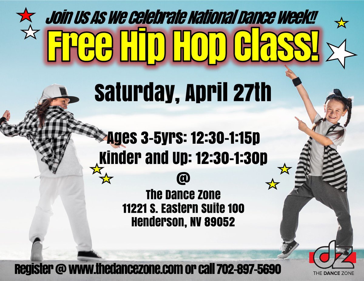 Get ready! #NationalDanceWeek is coming and #DZ is celebrating!🎉 Saturday, April 27th join us for a FREE HIP HOP CLASS!  Mark your calendar! 🤩

#hiphop #freeclass #thedancezone