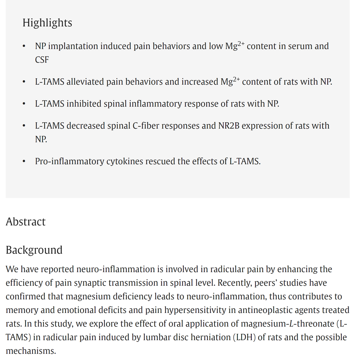 Oral application of magnesium-L-threonate alleviates radicular pain by inhibiting neuro-inflammation dependent central sensitization of rats
doi.org/10.1016/j.brai…