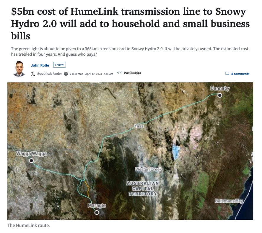 Snowy Hydro 2.0 went from a $2B … to a $6B … to a $12B publicly funded project.

But wait, there’s more. The privately (consumer) funded transmission line project that connects Snowy to the NSW grid has gone from $1B … to $3B … to $5B!

#YouPay #auspol #nswpol