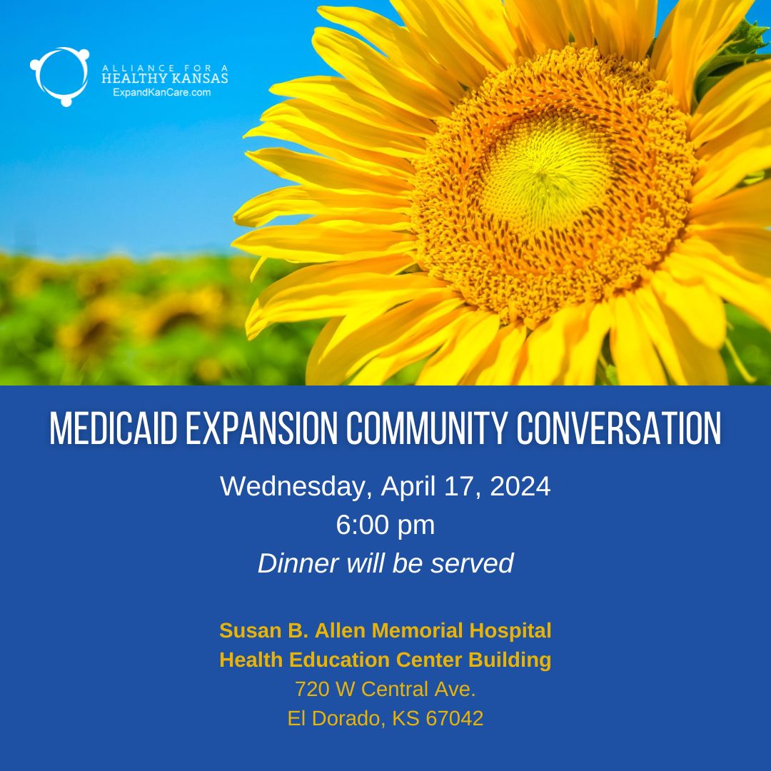 EL DORADO - We want to see you this WEDNESDAY, April 17. Let's talk Medicaid expansion and how it can benefit your community - and we'll feed you dinner!
RSVP here➡️tinyurl.com/2nu53mcy
#ExpandKanCare #ksleg #kansas #MedicaidExpansion #ElDoradoKS