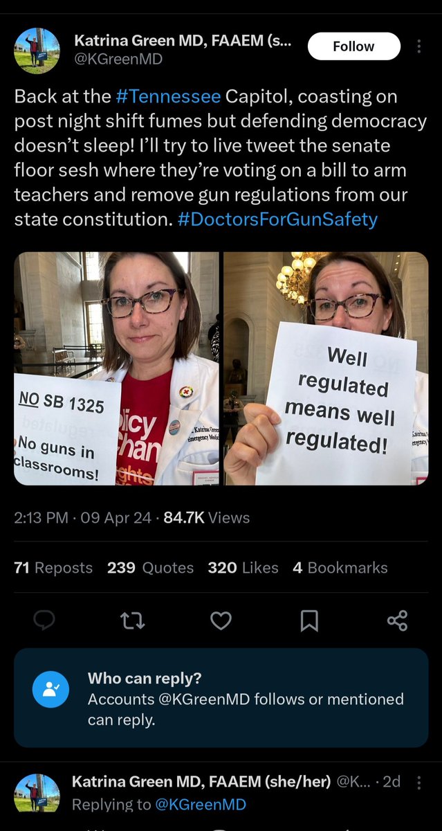 Notice the pictured post below on #Tennessee #DoctorsForGunSafety
Replies , & therefore discussion is denied! That is #Authoritarian #Marxist  closed minded my way or the highway thinking! Better to have more armed protectors for real #GunControl