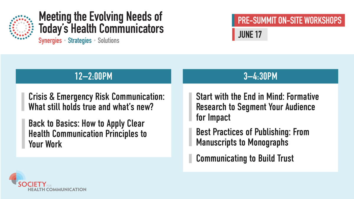 The full slate of Pre-Summit Workshops for the Society for Health Communication Summit have been announced. Don’t miss out on these opportunities to advance your knowledge and hear from industry experts. #SHCSummit24

Additional info can be found: ow.ly/Ezkr50Rctwy