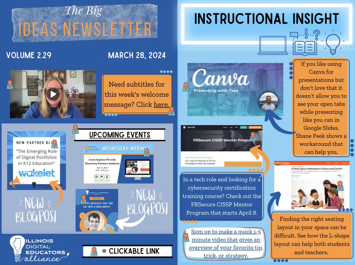 Thursdays mean new issues of #IDEAil #newsletter, but if you missed an issue while on Spring Break, check out this @CanvaEdu tip from @ShaneRPeek, cybersecurity cert. training course info, using L-shaped layouts, digital portfolios with @wakelet, and more!
ideaillinois.org/bigIDEAs