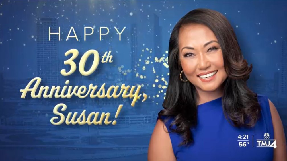 Please join me in wishing @SusanKim4 a very happy anniversary! She started with @TMJ4 News 30 years ago today. THANK YOU, Susan, for everything you've done for this community and this station. Happy 30th anniversary!!!