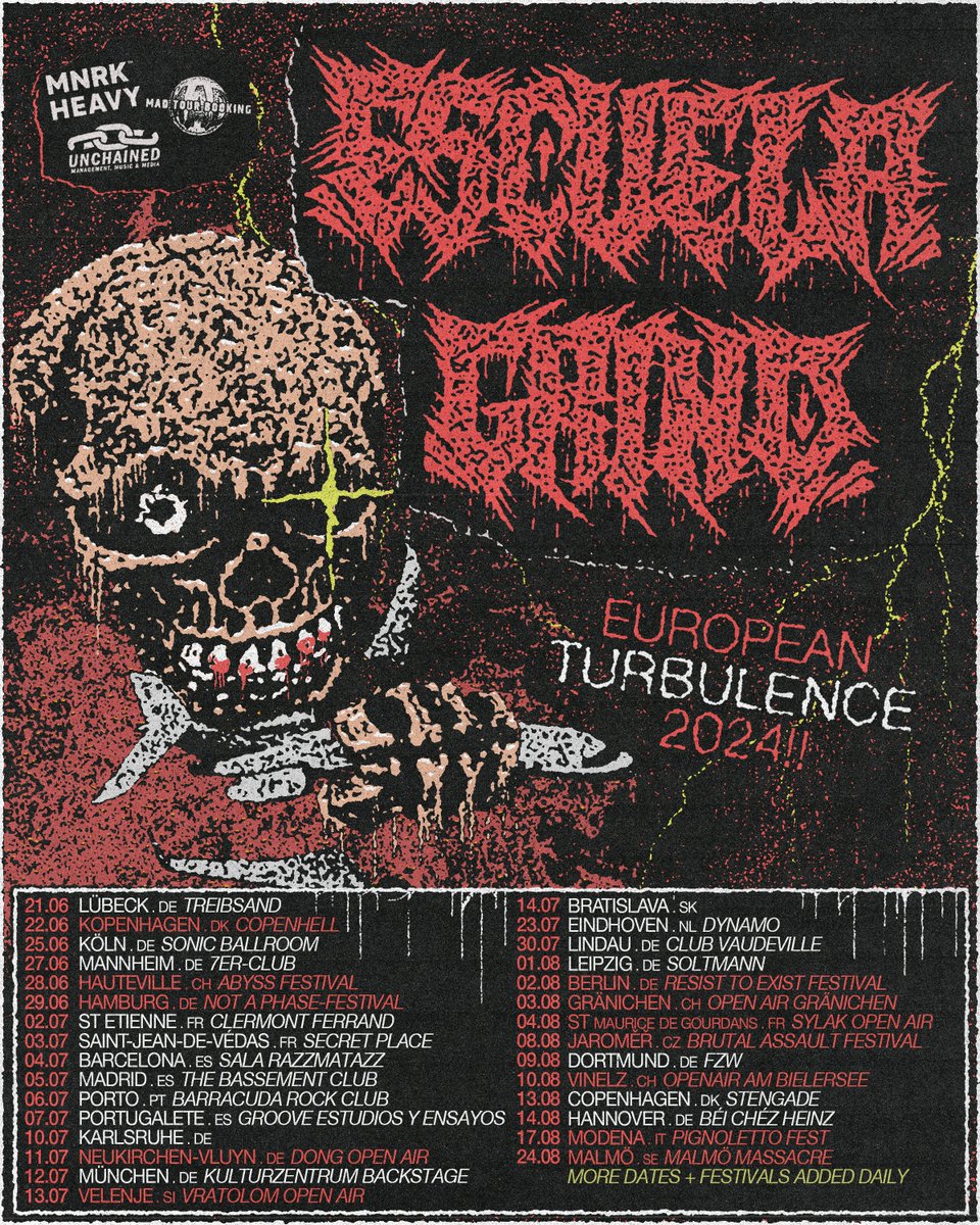 Ready to get your skulls' bashed in, because that's exactly what @escuela_grind will be doing on their upcoming Euro Tour! 😤🤯 'The European Turbulence 2024 Tour' is set to kick off in June and run through August. linktr.ee/escuelagrind