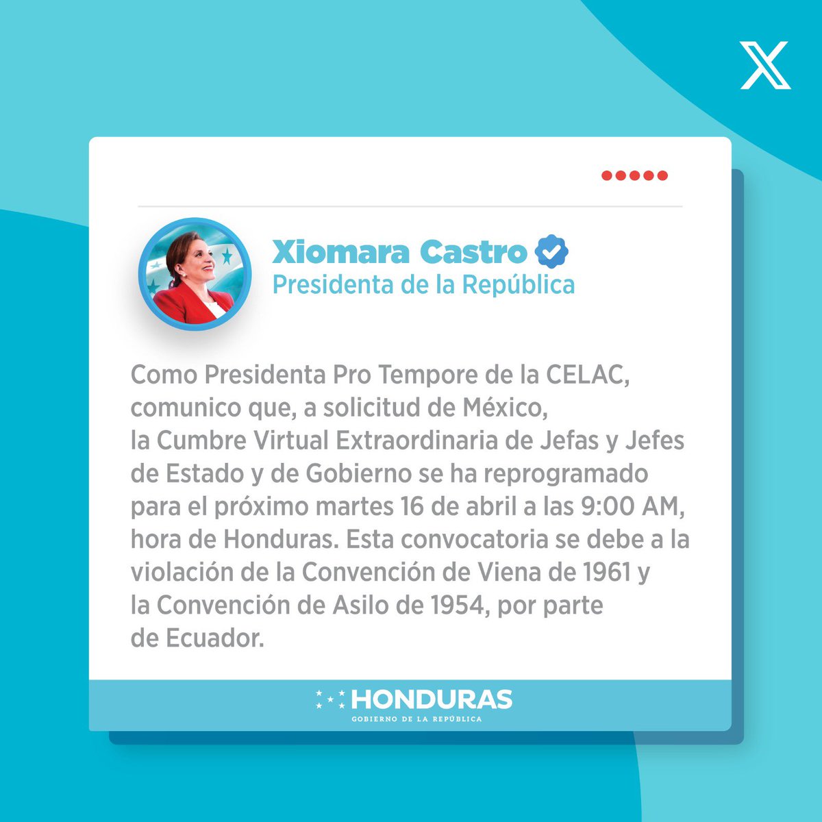 📌 ¡Atención! La Presidenta @XiomaraCastroZ en su condición de Presidenta Pro Tempore de la CELAC comunica que ha reprogramado la Cumbre Virtual de Jefes y Jefas de Estado para el día martes 16 de abril a las 9:00 a.m. hora de Honduras.