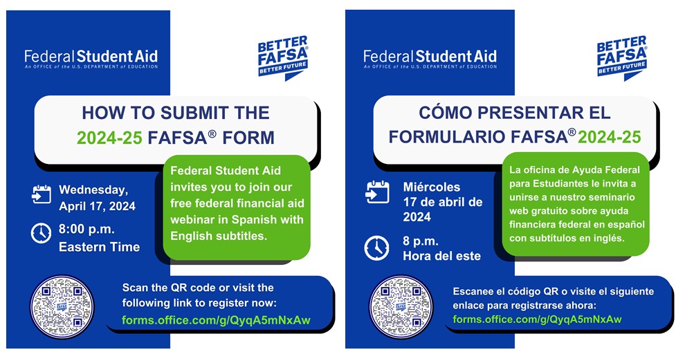 Federal Student Aid invites you to join our free federal financial aid webinar in Spanish on Wednesday, April 17, 2024, at 7 p.m. Central Time. This session will be open for students, families, and college access professionals. Register now: forms.office.com/g/QyqA5mNxAw