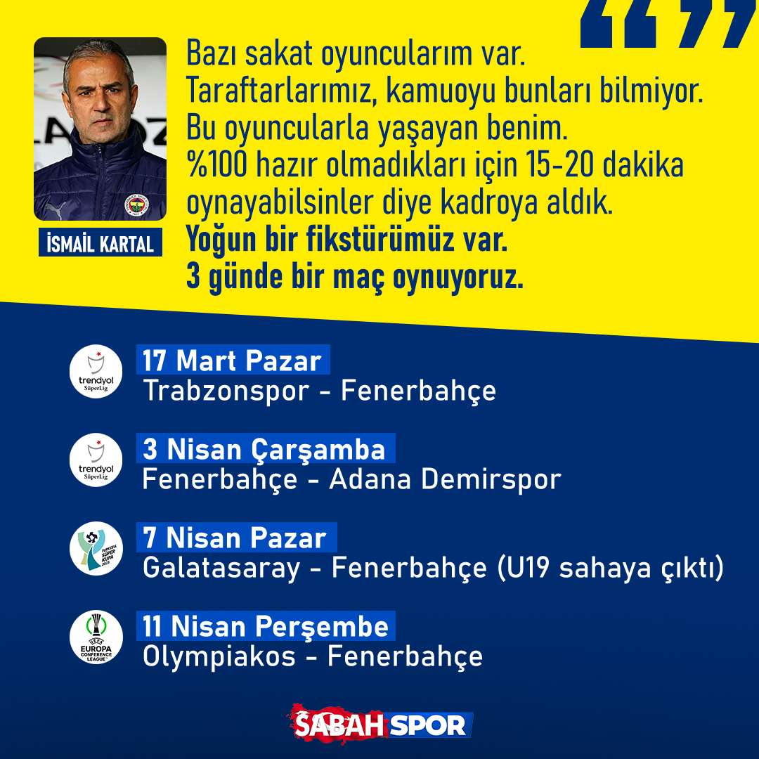 🗣️ İsmail Kartal: Yoğun bir fikstürümüz var. 3 günde bir maç oynuyoruz. 🗓️ Fenerbahçe, 25 günde 4 resmi maça çıktı.