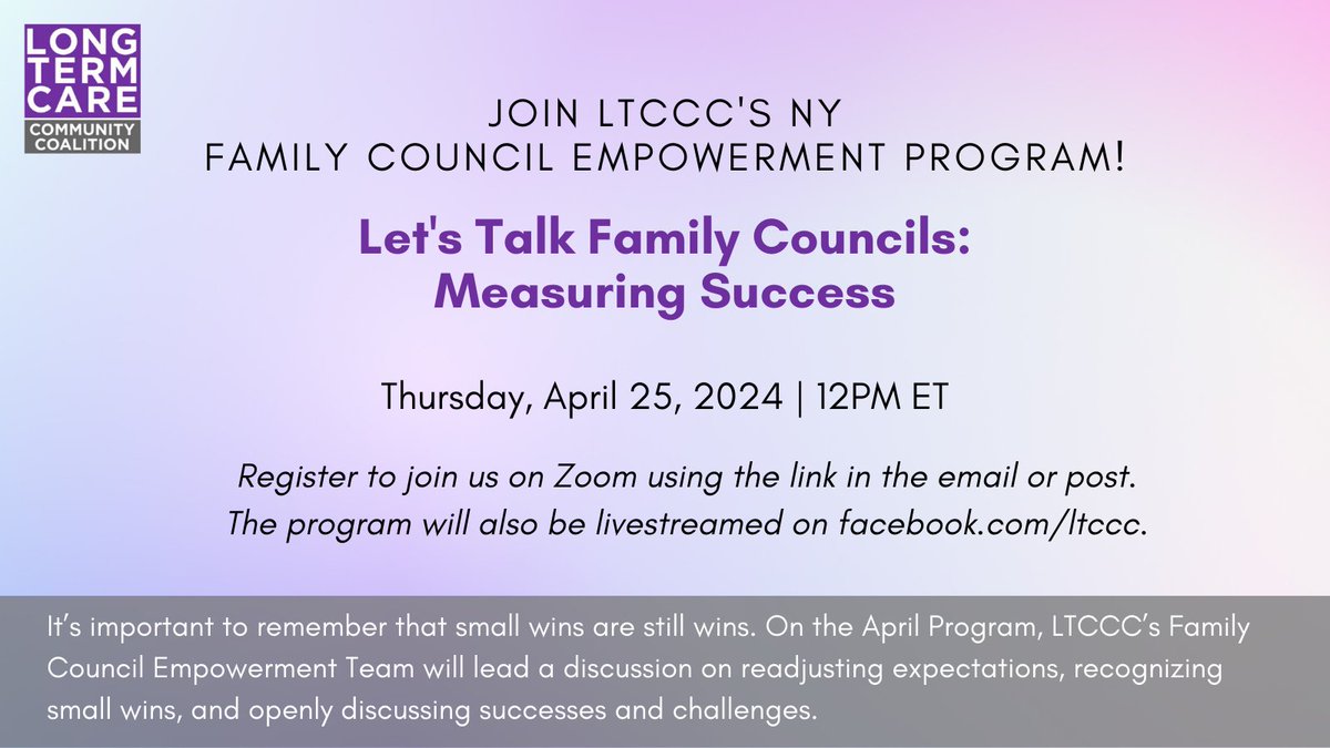 Join LTCCC's Family Council Empowerment team for a discussion on readjusting expectations, recognizing small wins, and openly discussing successes and challenges. April 25 at 12pm ET! Register: bit.ly/apr-empower