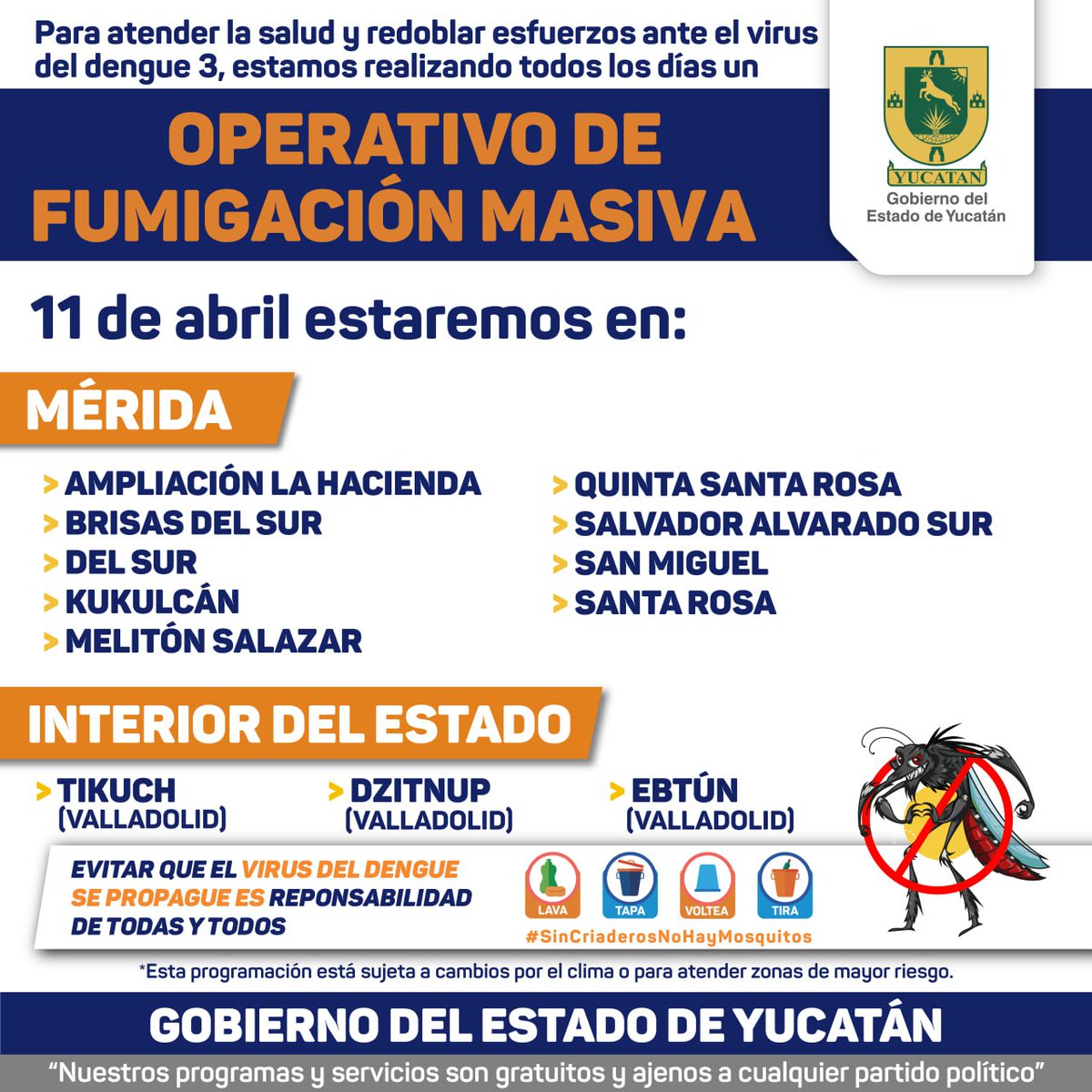 Como parte de las acciones permanentes de combate al #mosco, esta tarde el operativo de #fumigación se realiza en los siguientes puntos de #Mérida y el interior del estado. 🦟