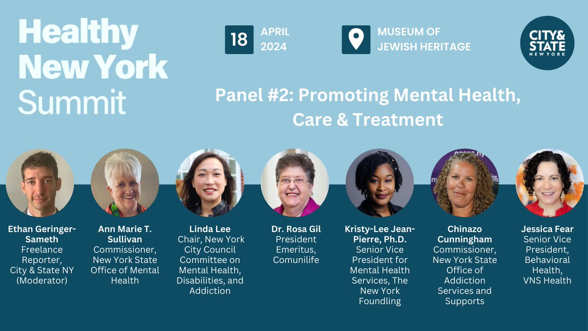 On 4/18, join us for a panel on promoting mental health care & treatment featuring @NYSomh's Ann Marie T. Sullivan, @CMLindaLee, @comunilifeinc's Rosa Gil, @TheNYFoundling's Kristy-Lee Jean-Pierre, @DrChinazoOASAS, & @vnshealth's Jessica Fear! RSVP here: bit.ly/3Up5tmO