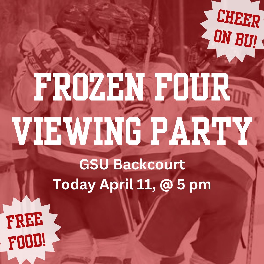 #ICYMI: Bring your Terrier spirit to the GSU Backcourt to watch @TerrierHockey take on the University of Denver! 🏒 Grab some food and join us at 5 pm to cheer on BU in the Frozen Four! ❄️