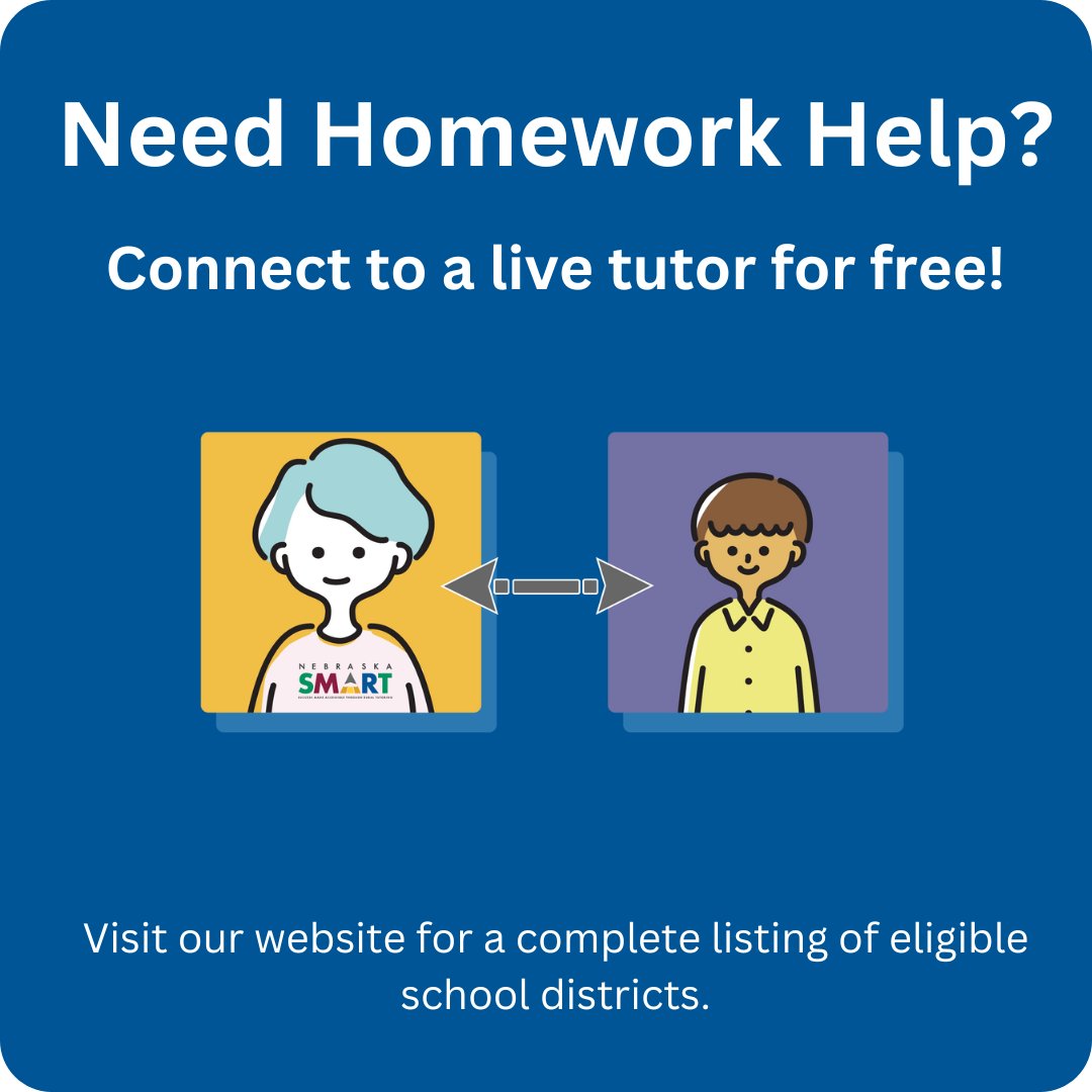 nesmarttutor's tweet image. Nebraska SMART Tutors are ready to serve you through free online tutoring. Visit website (link in profile) for details.
#nebraskasmart
#ruraltutoring