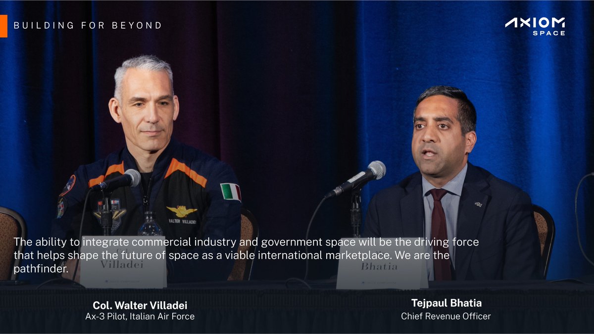 At @SpaceFoundation's Space Symposium, Tejpaul Bhatia, Chief Revenue Officer, and @WalterVilladei, #Ax3 Pilot and Col in @ItalianAirForce shared how Axiom Space is redefining the pathway to low-Earth orbit for nations around the world. #AxiomLeads #39Space