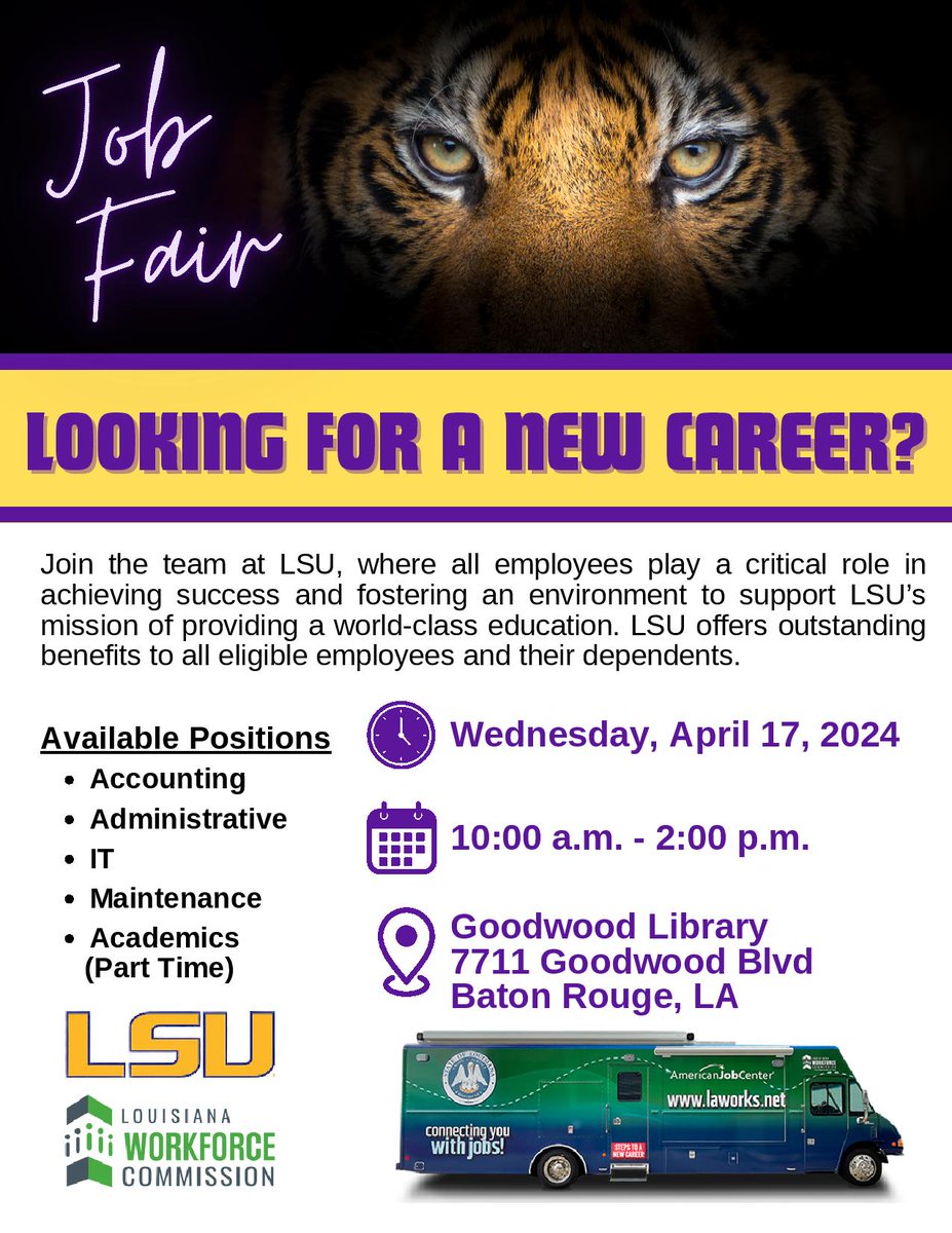 #JobFair alert: @LouisianaWorks and @LSU are hosting a large hiring event at the Goodwood Library @ebrpl next Wednesday, April 17, 10:00-2:00.