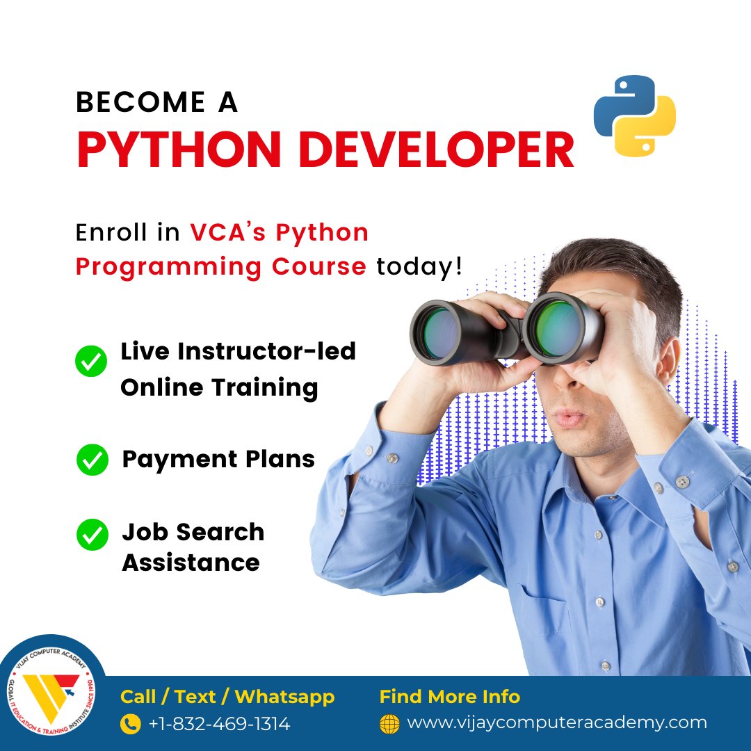BECOME A PYTHON DEVELOPER today! Enroll in VCA's Python Programming Course ✅ Live Instructor-led Online Training ✅ Easy Payment Plans ✅ Job Search Assistance Next Cohort starts on 04/11/24 vijaycomputeracademy.com/enroll-now-for… ⏰ 8.00 TO 9.30AM CST