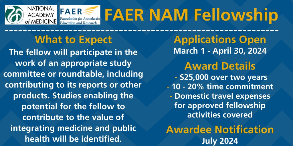 Early-career #anesthesiology scholars take note! It’s not too late to apply for the FAER-NAM Fellowship! Offering participation in evidence-based health care or public health studies, mentorship by a NAM member, & more, learn more & apply @ FAER.org/NAM! #Research