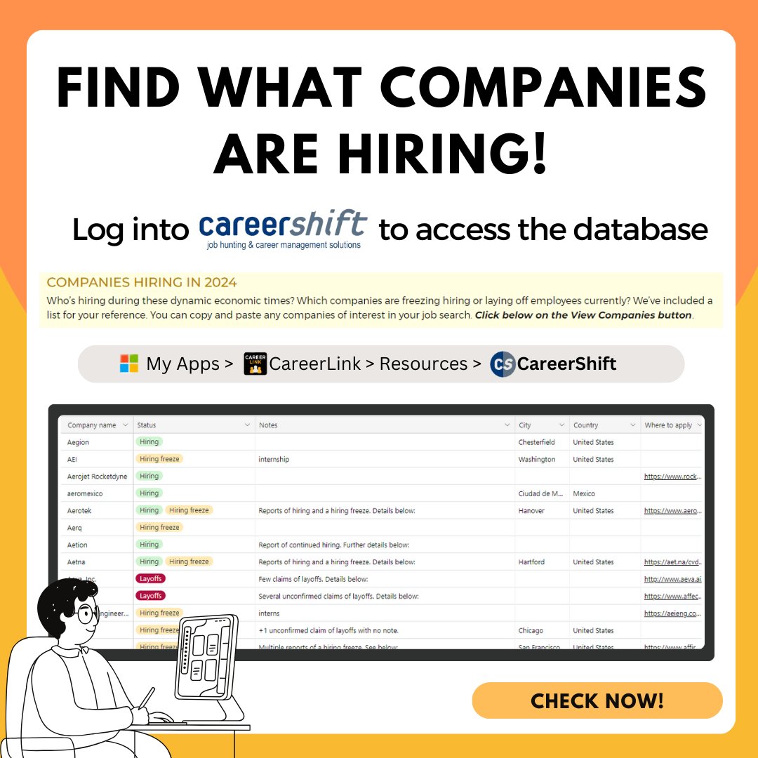 🚀 Wondering who's hiring or freezing hiring during these dynamic economic times? Don't fret! We've got you covered. Log into Careershift to access an exhaustive database of companies actively hiring!

 #csulbGBCS #JobSearch #HiringTrends #CareerShift