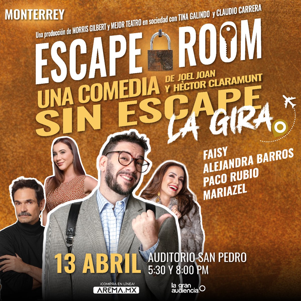 Este sábado @faisirrito, @Mariazelzel, @FranciscoRubio_ y @alealebarros van a quedar #Atrapados en un Escape Room en Monterrey y debes ayudarlos a salir. 📍 Monterrey - Auditorio San Pedro 📅 Sábado 13 de abril ⏰ Funciones 5:30 y 8:00 p.m. 🎟️ bit.ly/ERMonterrey