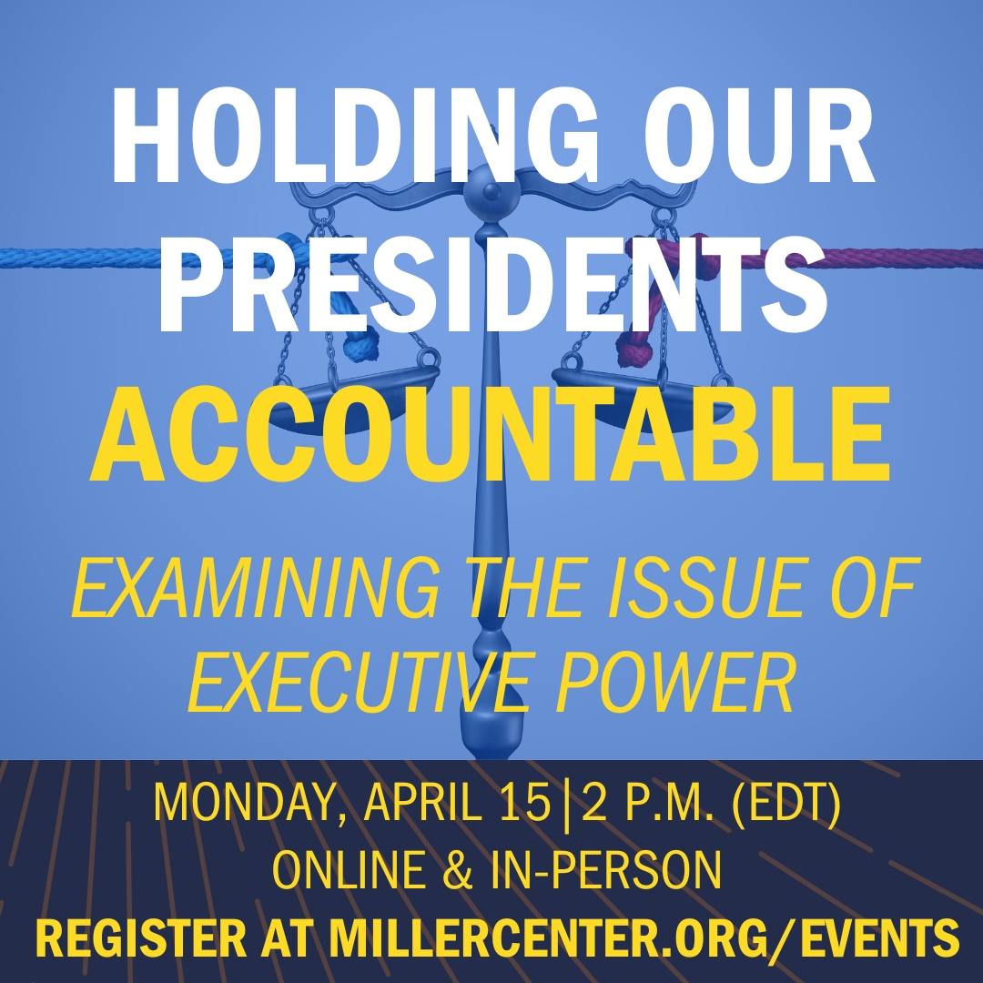 How do we hold our presidents accountable? Former Pres. Trump has been charged in 4 separate criminal cases; Pres. Biden has also faced legal challenges. On April 15, Miller Center experts will examine the issue of executive power. Register to attend:millercenter.org/news-events/ev….