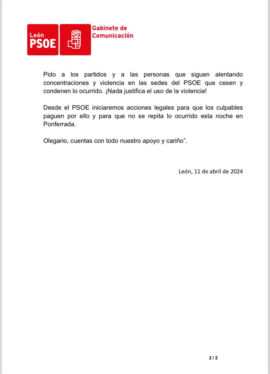 Comunicado oficial de condena por la agresión sufrida este jueves por el portavoz del PSOE en #Ponferrada y presidente del Consejo Comarcal de #ElBierzo (@CCBierzo) @OlegarioRamon