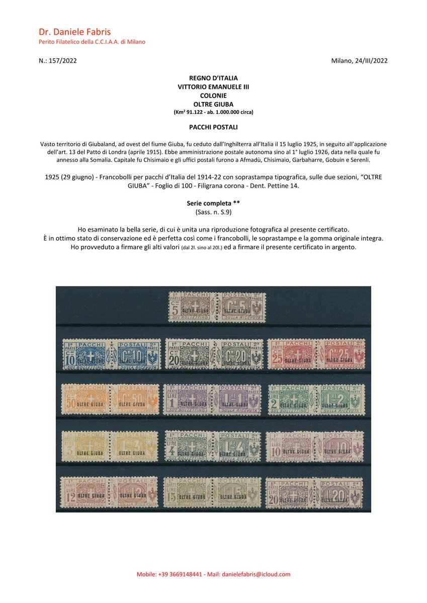 #FABRIS PERIZIE FILATELICHE 53

danielefabris.it/italia-regno-v…

ITALIA #REGNO Vittorio Eman. III #COLONIE #OLTREGIUBA #PACCHIPOSTALI

#philately #filatelia #briefmarken #stamp #sello #timbre #philatelie #francobollo #danielefabris #expertize #certificato #perizia #perizie #parcelpost