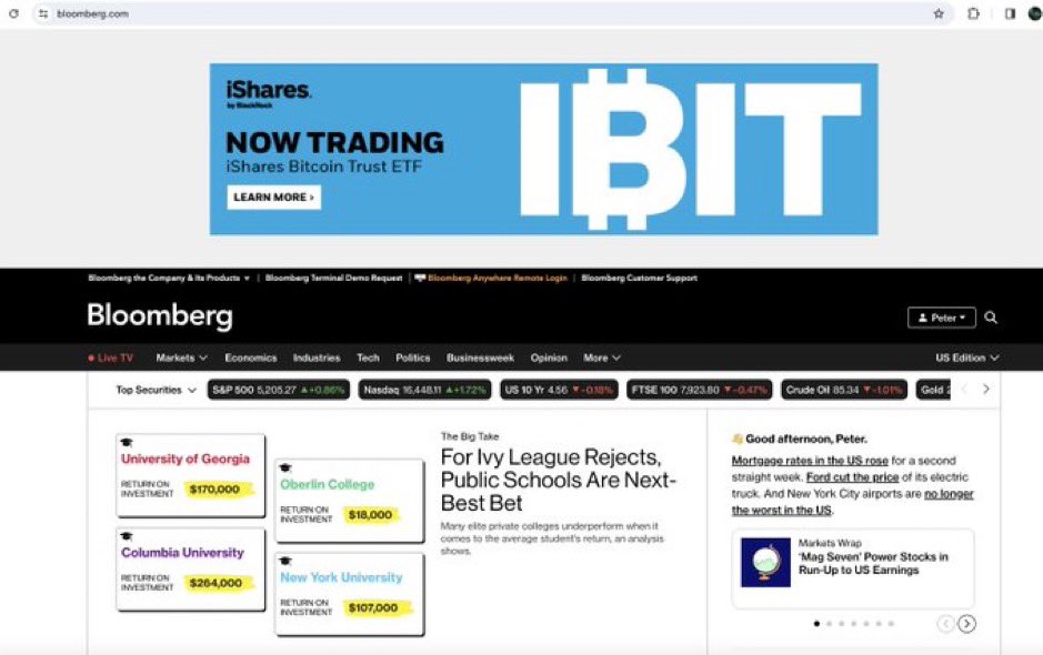 🔥BRUTAL🔥 #BlackRock ha LANZADO un NUEVO anuncio de marketing de su ETF spot de #Bitcoin  en la página de inicio de Bloomberg 👀🔥 #BTC brillando en todo el mundo