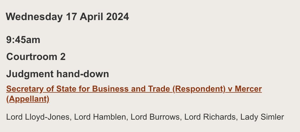 Ooh. Something to look forward to next week. It really is going to be Union #ukemplaw Easter term at the Supreme Court. Mercer judgment next week, Tesco v USDAW the week after and Unite v Nexus on 14 May.