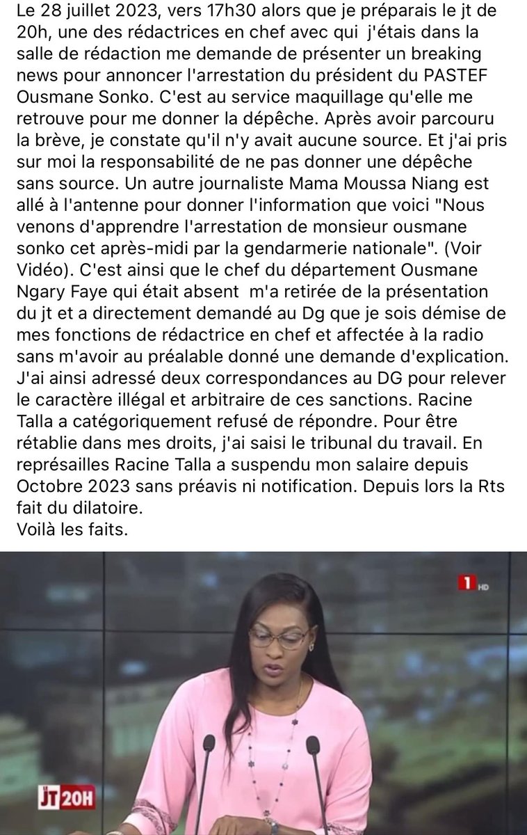 Waangrin's tweet image. Le petit apprenti tyran @racinetalla7  aurait sanctionné la journaliste Rouguiyatou Ba Ndiaye qui présentait le jt 20h de la @RTS1_Senegal après l’arrestation de @SonkoOfficiel