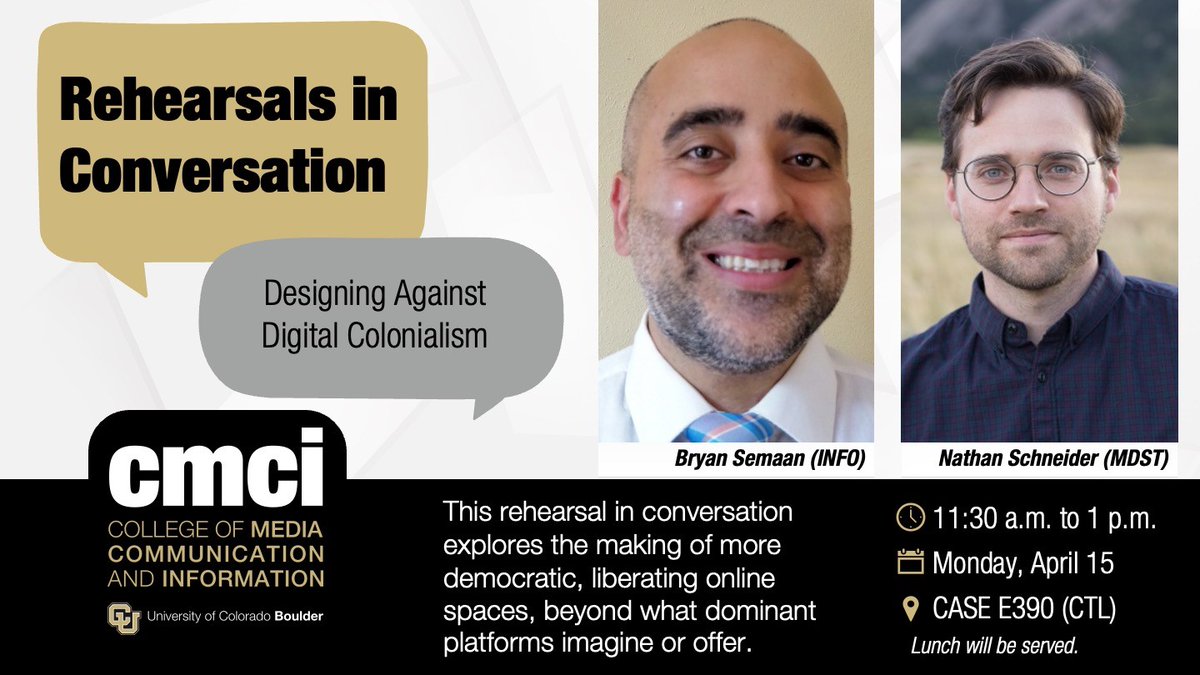 Join us for another @CUBoulderCMCI Rehearsals in Conversation event with two of our amazing colleagues: @ntnsndr and @bsemaan. @CUBoulder