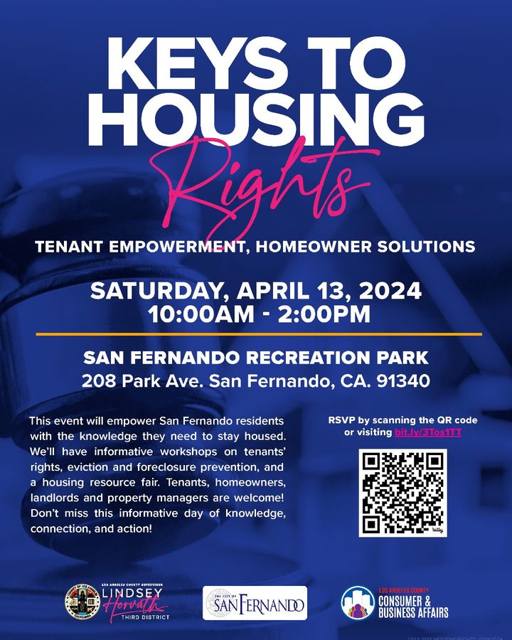 🔑 🏡 Unlock the Keys to Housing Rights! Tenants, landlords and homeowners are invited to join us this Sat, 4/13 at San Fernando Recreation Park to learn more about tenants rights and foreclosure prevention. Empower yourself with knowledge! Sign up at eventbrite.com/e/keys-to-hous…