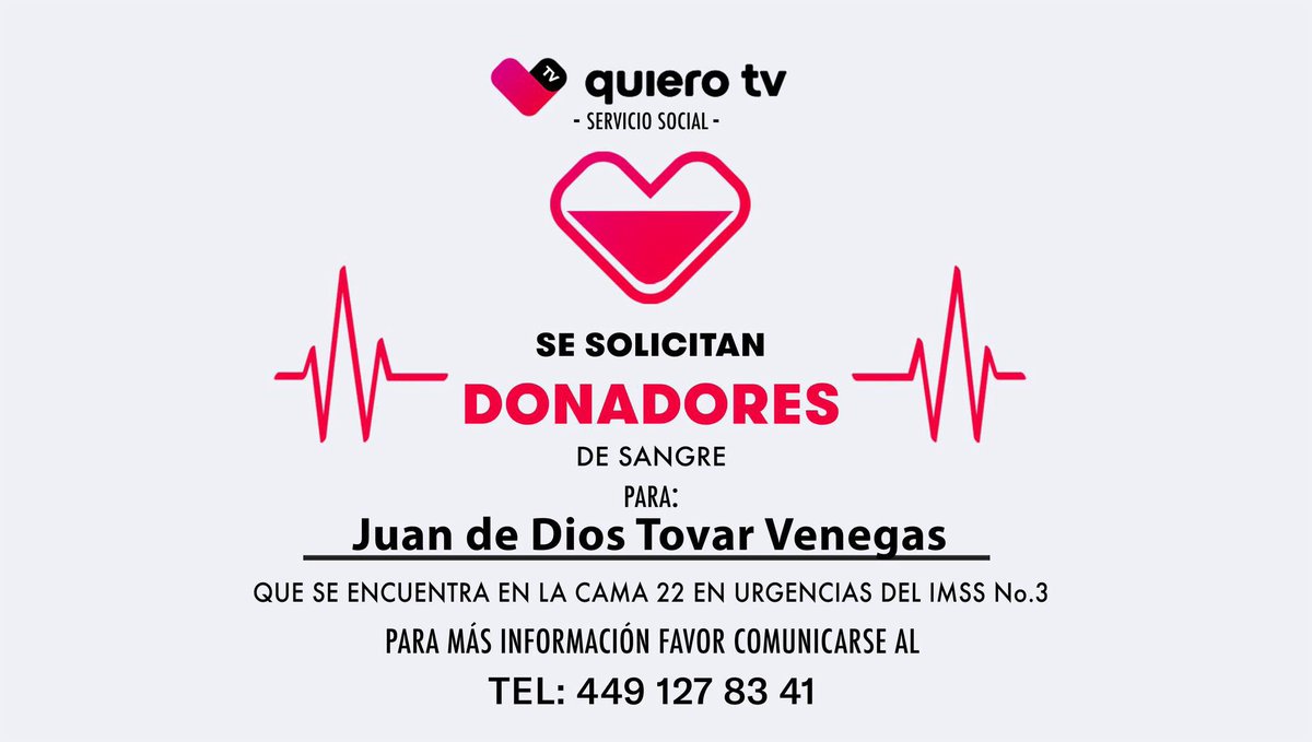#ServicioSocial 

🩸 Se necesitan donadores de cualquier tipo de sangre para Juan de Dios Tovar Venegas. Tu ayuda puede salvar vidas. 🙏✨ 

¡Comparte este mensaje y únete a la causa! 

#quierotvags #DonaciónDeSangre