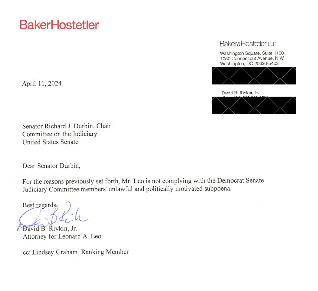 BREAKING: Leonard Leo faced a subpoena Thursday from Senate Judiciary Democrats, @dcexaminer learns Leo, co-chairman of the Federalist Society, called it 'unlawful and politically motivated' in a statement obtained by @dcexaminer