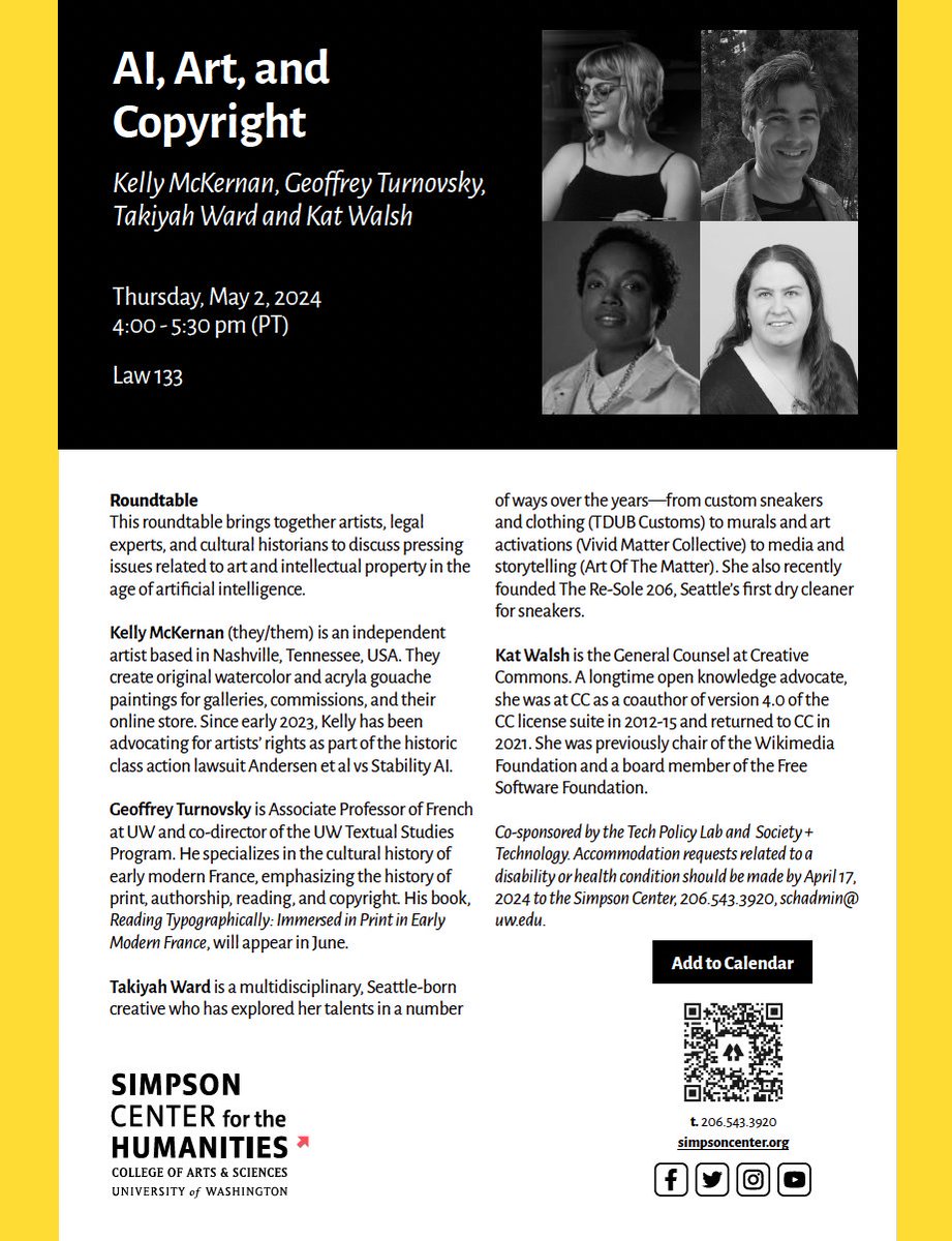 On May 2nd, we're hosting a roundtable discussion on 'AI, Art, and Copyright.' Come out if you're in the area! Ft. Kelly McKernan (@Kelly_McKernan), Kat Walsh (@mindspillage), Takiyah Ward (@tdubcustoms), & Geoff Turnovsky Co-sponsored by @simpson_center + @TechPolicyLab