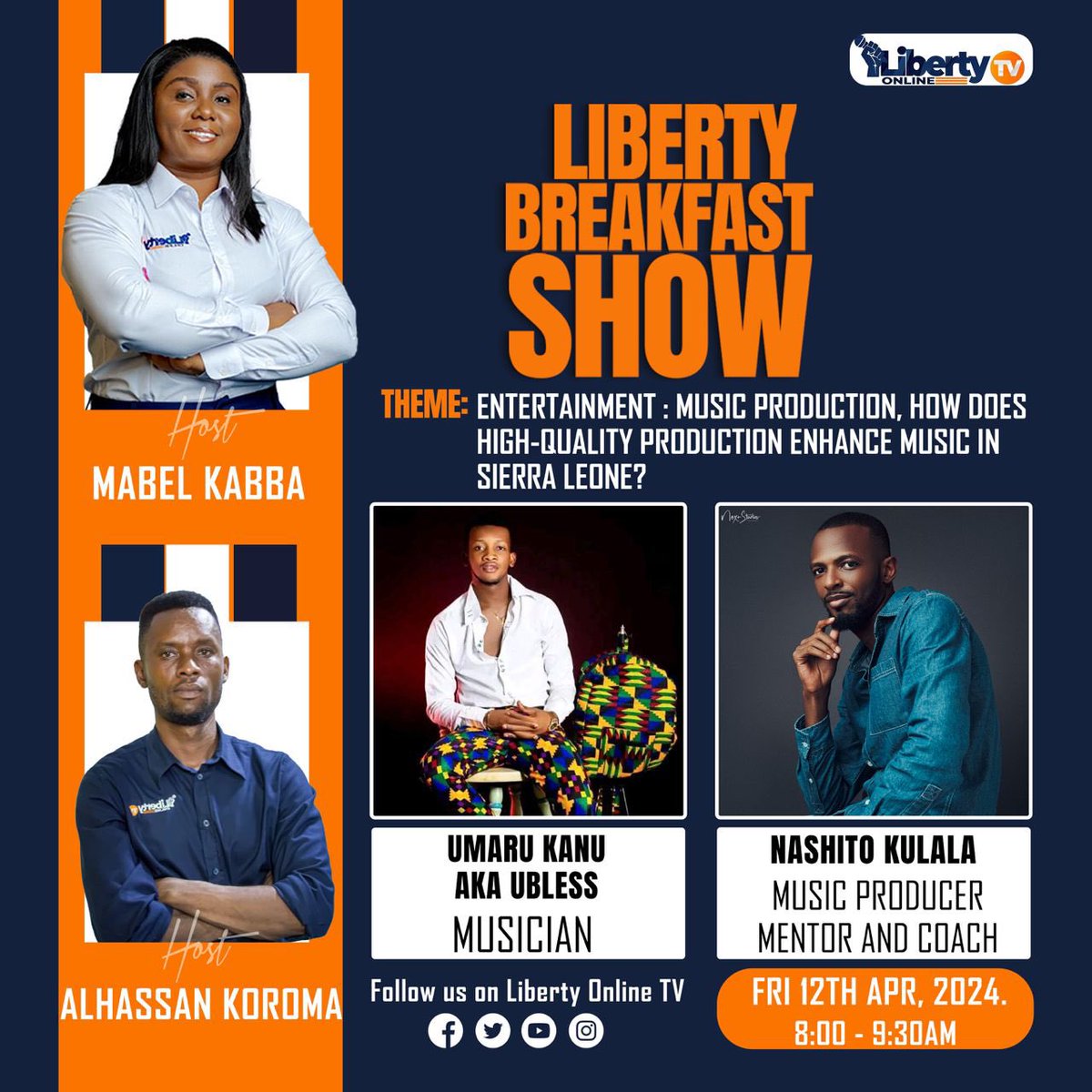 We invite you to join us on tomorrow's Liberty Breakfast Show as we will be hosting two special guests: a talented musician and one of the country's leading mixing and mastering engineers who will discuss the hectic world of music production. Kindly see flyer for more details