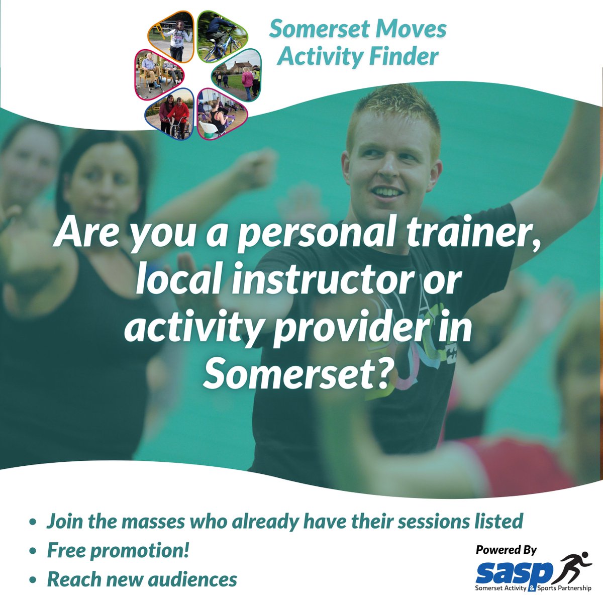 Calling all personal trainers, local instructor & activity providers in #Somerset 📢 By adding your sessions to our #SomersetMoves Activity Finder, you can reach new audiences & encourage new groups to try your activity! Find more info at sasp.co.uk/activity-provi…. #BeActive