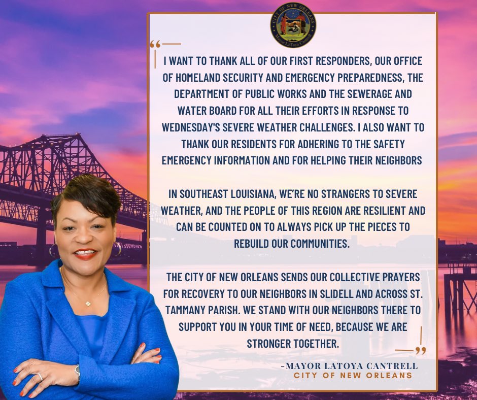 The City of New Orleans sends our collective prayers for recovery to our neighbors in Slidell and across St. Tammany Parish. We stand with our neighbors there to support you in your time of need, because we are stronger together.💛⚜️