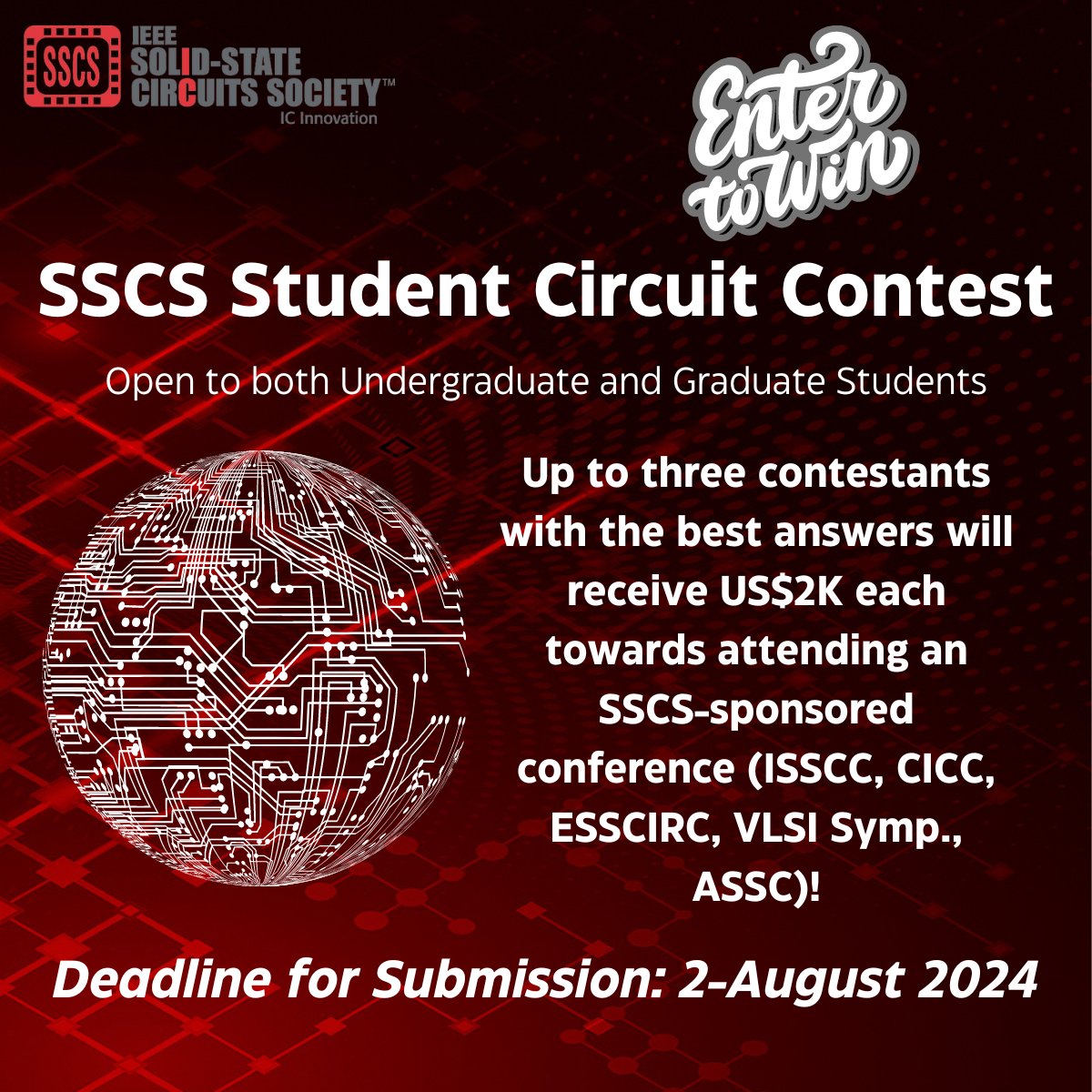 The 2024 SSCS Student Circuit Contest is now OPEN! Deadline to submit is 2-Aug. The goal of this challenge is to design an integrated circuit by using the greatest number of components picked from the provided list. Learn More: bit.ly/3Jdp0Qq