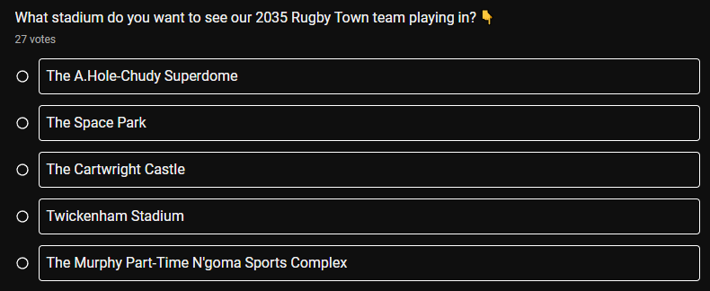 There were many suggestions for our new Rugby Town Stadium name. I've picked 5 I like that were popular... now you get to vote on the winner! 👇 🔗youtube.com/post/UgkxI7G-h…