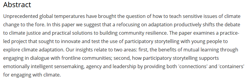 🚨 New OPEN ACCESS article alert🚨

'Mutual learning through participatory storytelling: Creative approaches to climate adaptation education in secondary schools'

Catherine Heinemeyer, Matthew Reason, Natalie Quatermass, Natalie Wood, Olalekan Adekola

doi.org/10.1177/003452…
