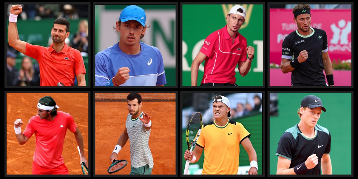 Los cuartos de final en Montecarlo: 🇷🇸 Novak Djokovic 🇦🇺 Alex De Miñaur 🇫🇷 Ugo Humbert 🇳🇴 Casper Ruud 🇬🇷 Stefanos Tsitsipas 🇷🇺 Karen Khachanov 🇩🇰 Holger Rune 🇮🇹 Jannik Sinner ¿Quiénes serán los cuatro semifinalistas?