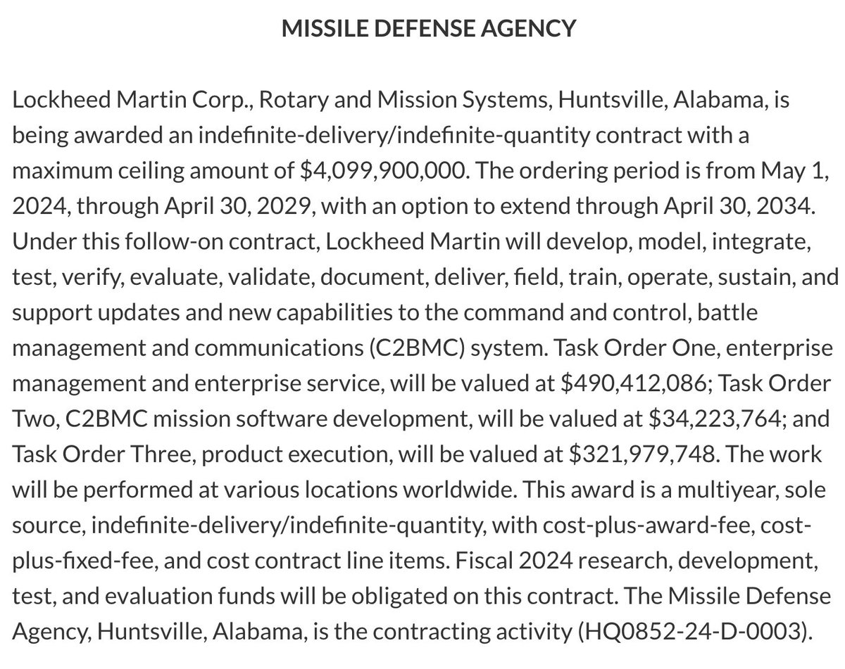 Lockheed Martin $LMT was just awarded a contract with the 🇺🇸 Department of Defense with a ceiling value of $4.1 Billion
