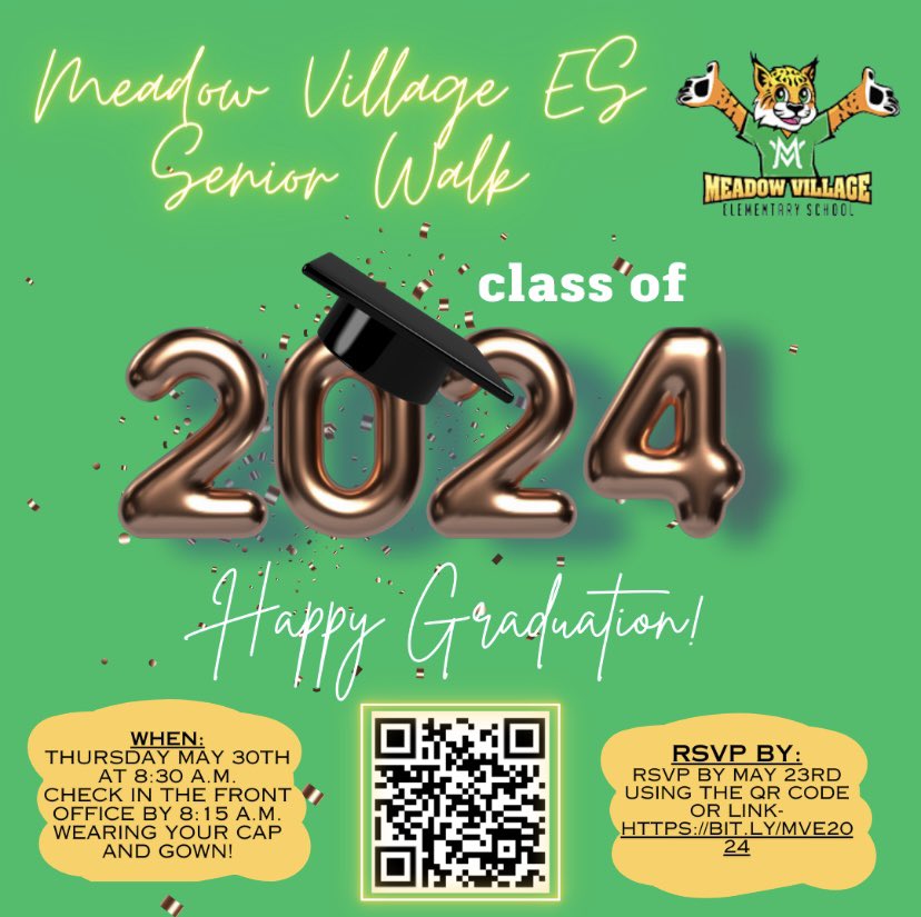 Calling all 2024 Senior graduates that attended @NISDMeadowVill! 🎓 Join us for our Senior Walk on Thursday May 30th at 8:30 am! Please RSVP at bit.ly/MVE2024 We can’t wait to celebrate YOU! 💚💛 @c_maldonado_1 @jchudej_garcia @nisd @NISDCounseling