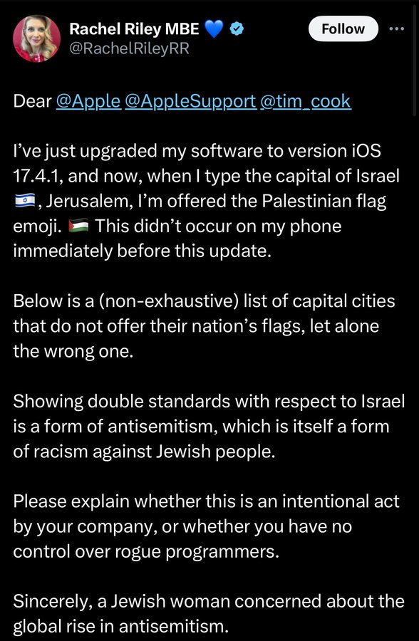 If all Palestinians have to worry about is being shot, blown up, starved to death or dying through lack of medicine, they should consider themselves lucky. Try spending a day in Rachel Riley's Jimmy Choos. She faces the constant fear of seeing a Palestinian flag on her phone.