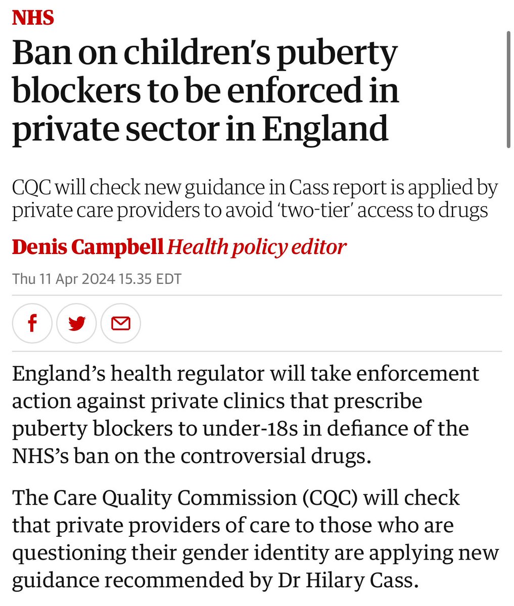 🚨England to enforce ban on puberty blockers in the PRIVATE SECTOR, per The Guardian. The CQC intends on enforce the Cass Report on licensed private clinics. This report is politically driven and inaccurate. Kids within England will be forcibly detransitioned because of this