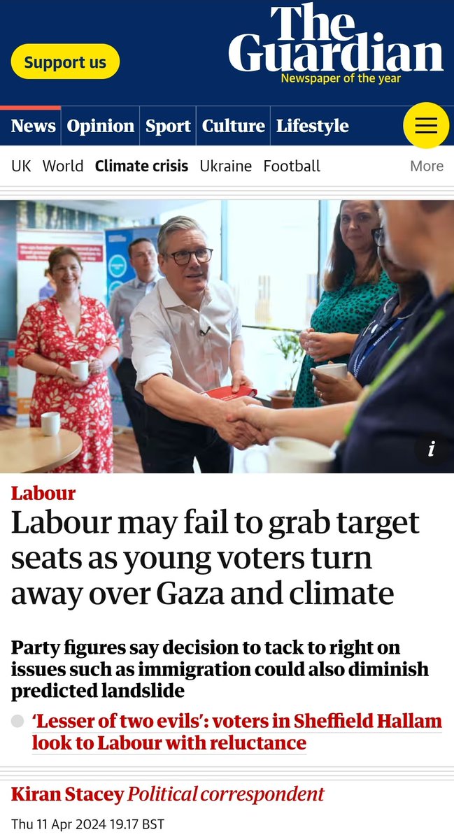 Labour may fail to grab target seats as young voters turn away over Gaza and climate Party figures say decision to tack to right on issues such as immigration could also diminish predicted landslide A poll released last week by YouGov showed the party has lost ground in more