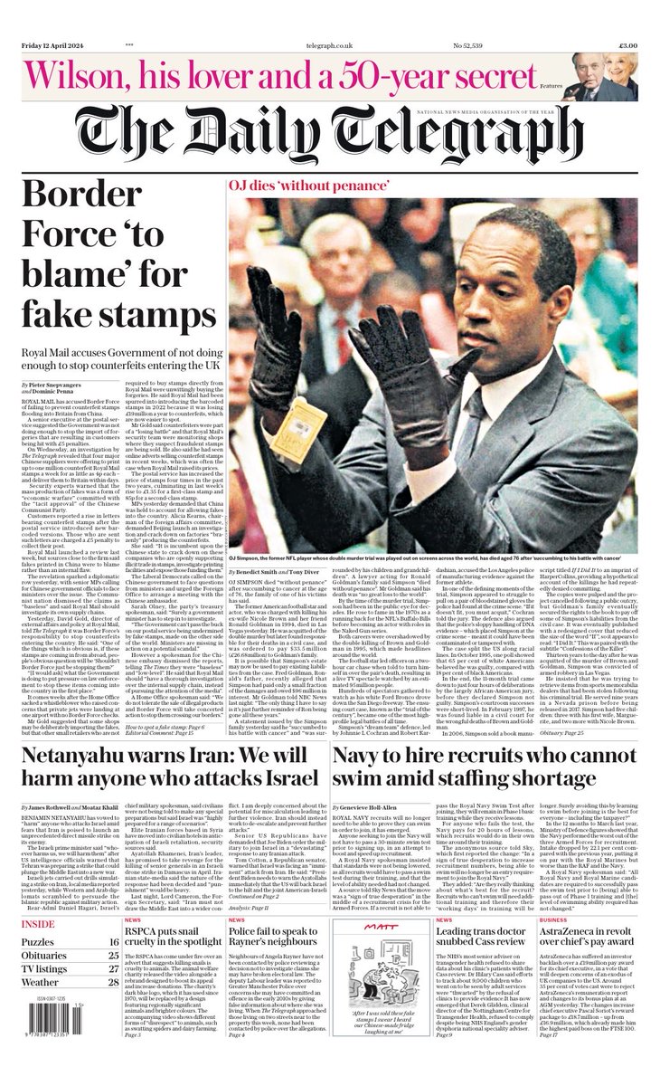 Friday’s Daily TELEGRAPH: “Force ‘to blame’ for fake stamps” #TomorrowsPapersToday