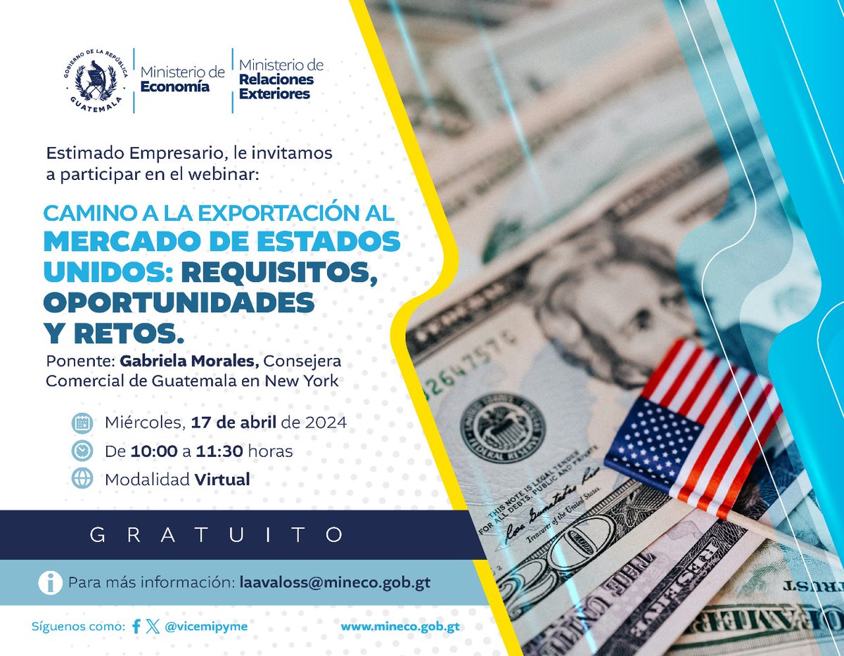 Empresarios, les invitamos a participar al siguiente webinar.SIN COSTO 🗓️ miércoles, 17 de abril de 2024 📌Modalidad Virtual ⏰10:00 a 11:30 hrs Indispensable confirmar participación en el link de pre registro: forms.gle/Tg2pj9mtJNkKHx… Más información: laavaloss@mineco.gob.gt