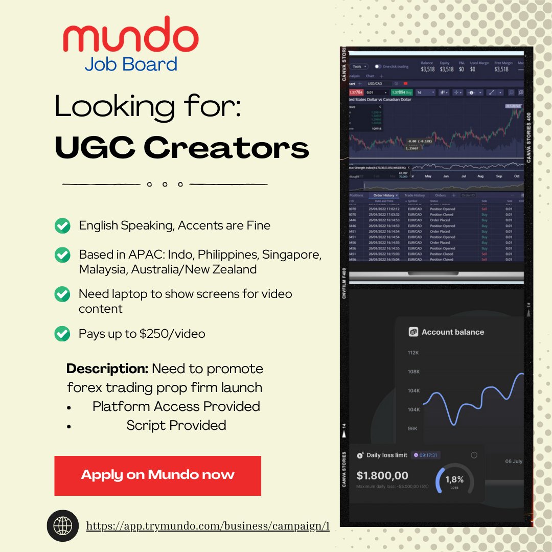 TryMundo's tweet image. Hiring UGC Creator for Forex Trading Firm (APAC Only)

- aged 21+
- pays up to $250/video + 20% Commission 
- english speaking

Comment your portfolio or apply for the job on Mundo here: app.trymundo.com/business/campa…

#ugccreatorneeded #ugccreators #ugc #ugcopportunity #Mundo